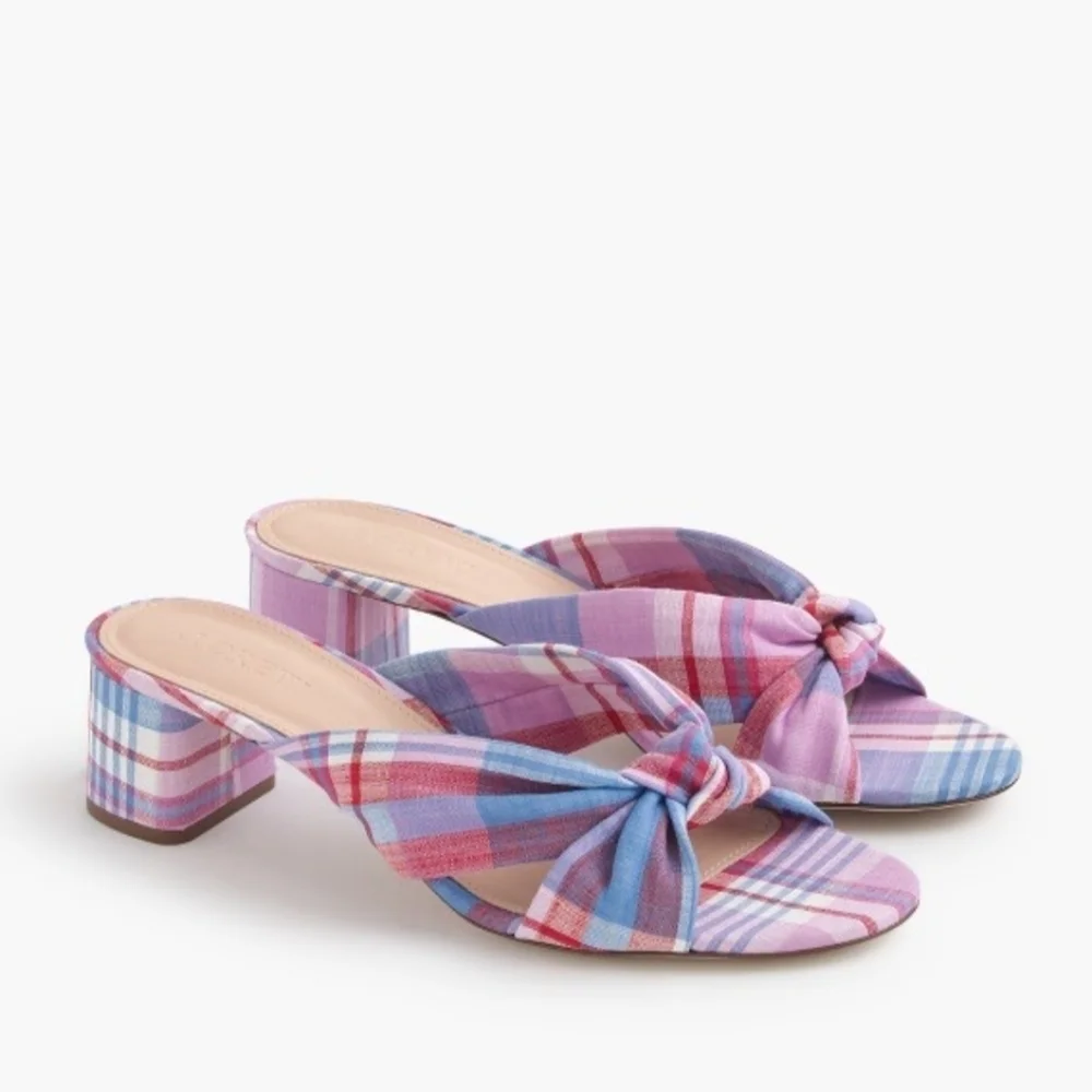 J.Crew Blue Pink Plaid Knotted Slide Sandals Beach Wedding Size 10.5